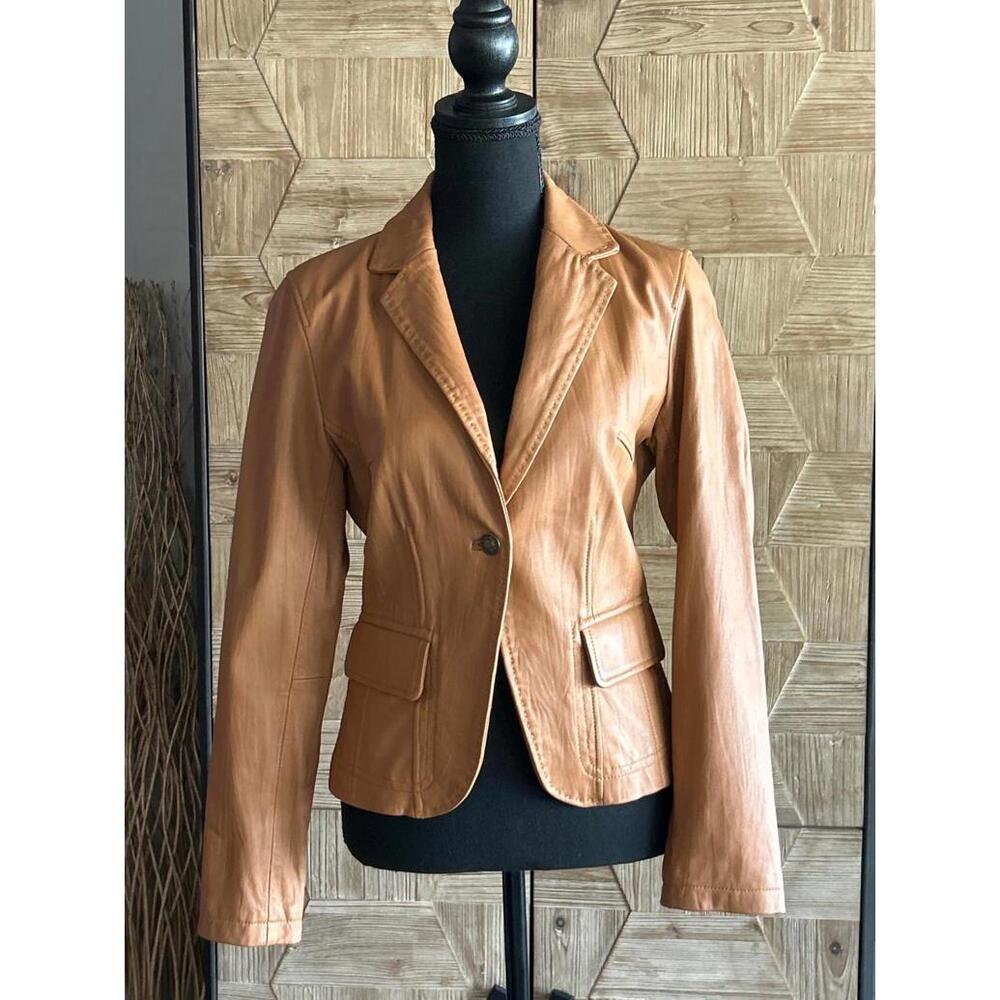 Brandon Thomas VTG Blazer Small Brown Leather Single Button Front Pockets Y2K